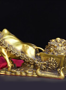 包邮铜器纯铜牛拉百财牛拉元宝车 生肖牛家居桌面摆件