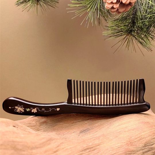 卖檀翁】高档彩绘檀木插齿梳 天然镶齿家用木梳女士长发防打结