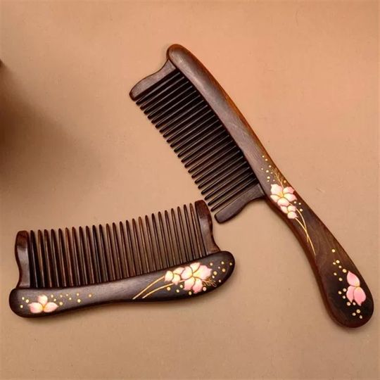 卖檀翁】高档彩绘檀木插齿梳 天然镶齿家用木梳女士长发防打结