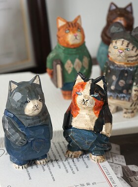 脏脏猫咪手工木雕小木质雕刻动物治愈系创意桌面装饰品博士猫