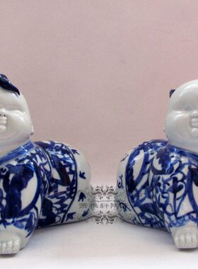 手做瓷 景德镇青花雕塑陶瓷娃娃一对新中式家居饰品摆件结婚礼物