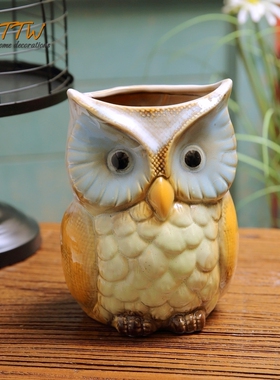 复古乡村油画风格陶瓷釉面彩色猫头鹰装饰笔筒器家居