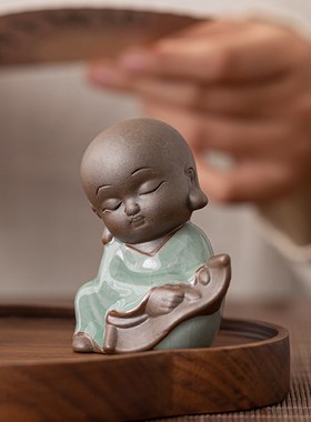 小和尚哥窑花宠桌面花盆摆件禅意迷你陶瓷小摆件微景观盆景造景装