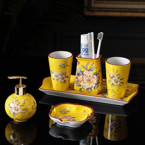 陶瓷家用刷牙杯牙缸套装酒店民宿漱口杯牙杯牙刷架肥皂盒洗漱套件 - 图1