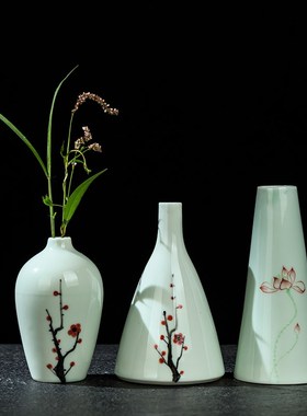 陶瓷手绘莲花小花瓶茶室茶盘茶宠桌面摆件干花水培插花器客厅装饰