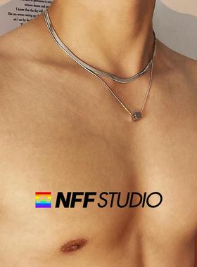 Nff禁欲刀片双层堆叠吊坠项炼男士时髦嘻哈街头小众设计锁骨炼配