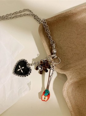 小众多元素吊坠棕色链条双层项链潮酷流苏长款毛衣链卫衣链配饰链