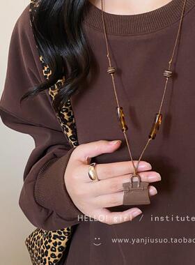 奶油椭圆豹纹串珠吊坠项炼女2025新款高级感轻奢长款毛衣炼配饰品