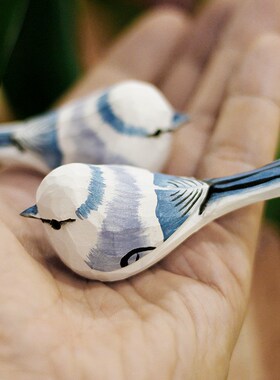 鹿妖商店 mini肥啾 木雕小鸟 礼物 灰蓝山雀 纯手工实木桌面摆件