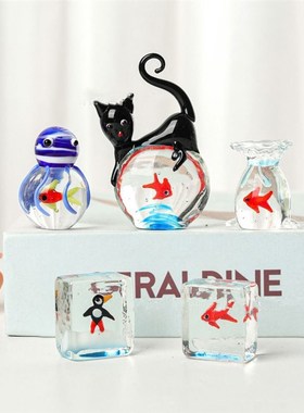 口袋小鱼彩色玻璃摆件工艺品拉丝琉璃桌面客厅卧室居家装饰摆件