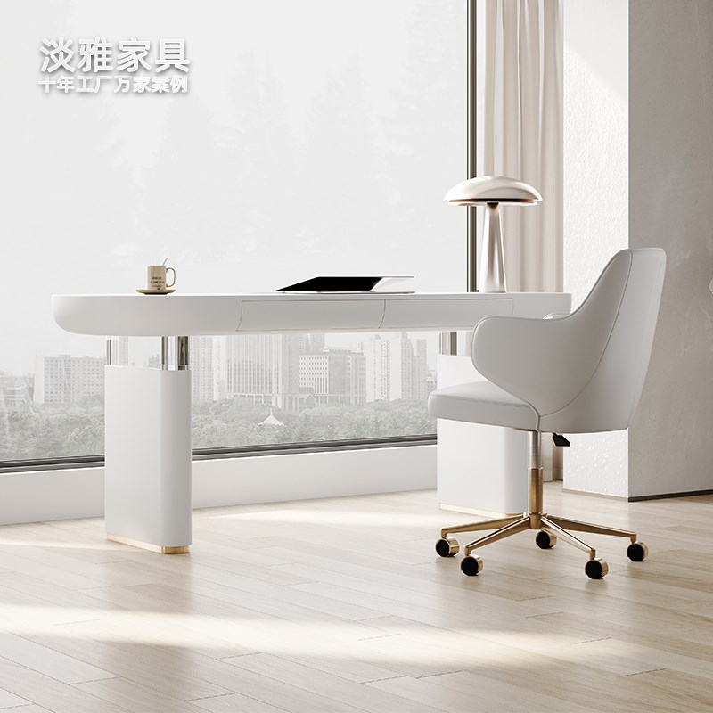 轻奢奶油风白色书桌家用书房卧室电脑桌设计师亚克力悬浮办公桌子 - 图0