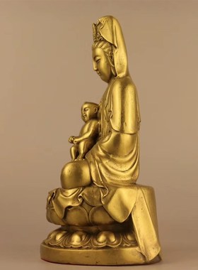 纯铜送子观音菩萨家用供奉求子坐莲五子观世音佛像保平安铜像摆件