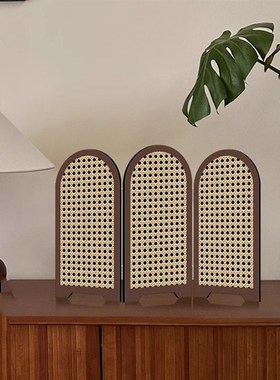 侘寂中古风屏风桌面摆件入户玄关边柜创意装饰品高级感电视柜摆画