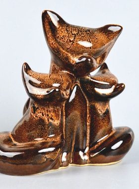 现代新中式陶瓷小礼品客厅装饰品磁州窑花釉小动物摆件三只狐狸