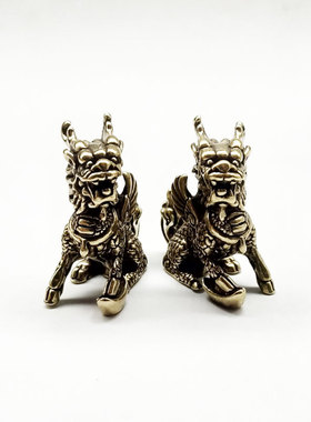 实心黄铜麒麟摆件纯铜仿古招财纳福元宝茶宠办公桌面迷你铜手把件