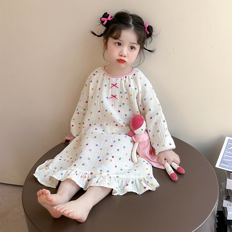 2025新款女童睡裙纯棉纱布女宝宝长袖儿童睡衣女孩春秋公主家居裙,淘宝优惠券,粉丝福利购,淘宝优惠卷