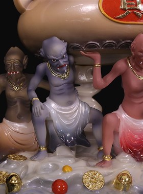 汉白玉五鬼招财彩绘神像五鬼财神佛像居家办公室桌面装饰中式摆件