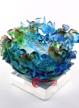 金玉满堂 琉璃鱼摆件鱼缸聚宝盆 祝寿庆生送长辈老人高端家居饰品