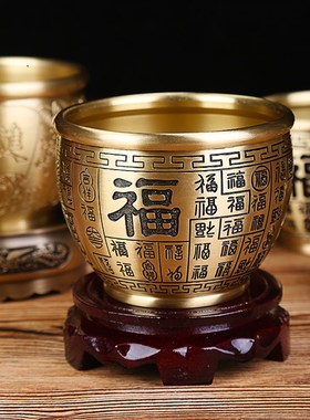 百福铜缸黄铜米缸聚宝盆家居客厅摆件纯黄铜聚财小铜盆存钱罐