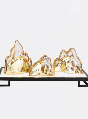 新中式创意玻璃假山沙盘金属摆件样板房酒店玄关客厅大堂禅意配饰