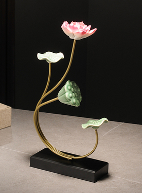 新中式荷花清新雅致摆件陶瓷高档工艺品茶室客厅玄关轻奢装饰品