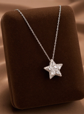 保色星星镶钻吊坠五角星钛钢项链女时尚奢华小众设计感锁骨链