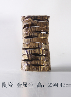 现代条状镂空金属色陶瓷花瓶摆件样板间家居酒店客厅卧室饰品