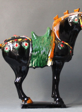 唐三彩马陶瓷马三花高樱马摆件家居客厅玄关装饰品礼品工艺品摆件