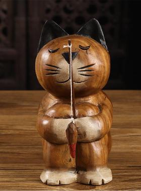 泰国进口东南亚风格小猫钓鱼木雕电视酒柜桌面创意精致小猫咪摆件