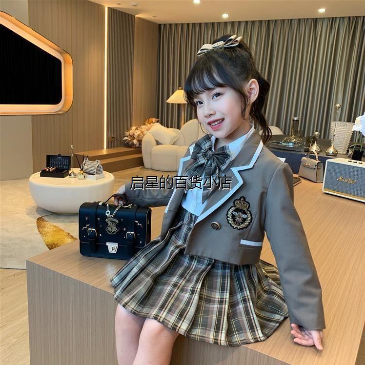 女童学院风套装2024新款中大童三件套洋气jk制服儿童女幼儿园裙子 - 图1