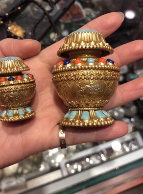 纯铜米盒大小号随身携带gan露米盒 纯铜雕花装藏宝塔藏式收纳宝瓶