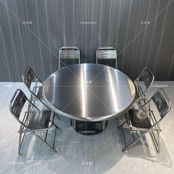 网红工业风大排档餐厅韩式圆形餐桌不锈钢双层大圆桌满板折叠椅子,淘宝优惠券,粉丝福利购,淘宝优惠卷