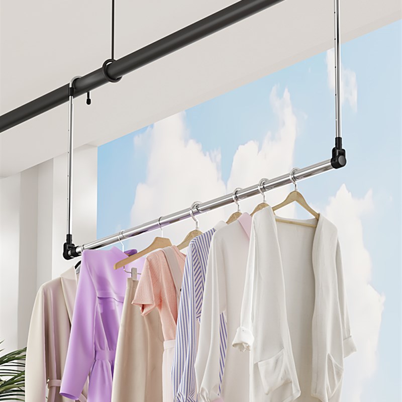 不锈钢伸缩阳台晾衣架家用t晾衣杆可升降折叠室内悬挂式晒被子神 - 图1