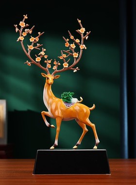 铜鹿摆件《福鹿百财》中式桌面客厅玄关装饰品办公室乔迁开业礼物