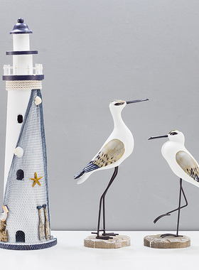 地中海风格灯塔木质做旧木塔海洋风海鸟桌面复古装饰摆设