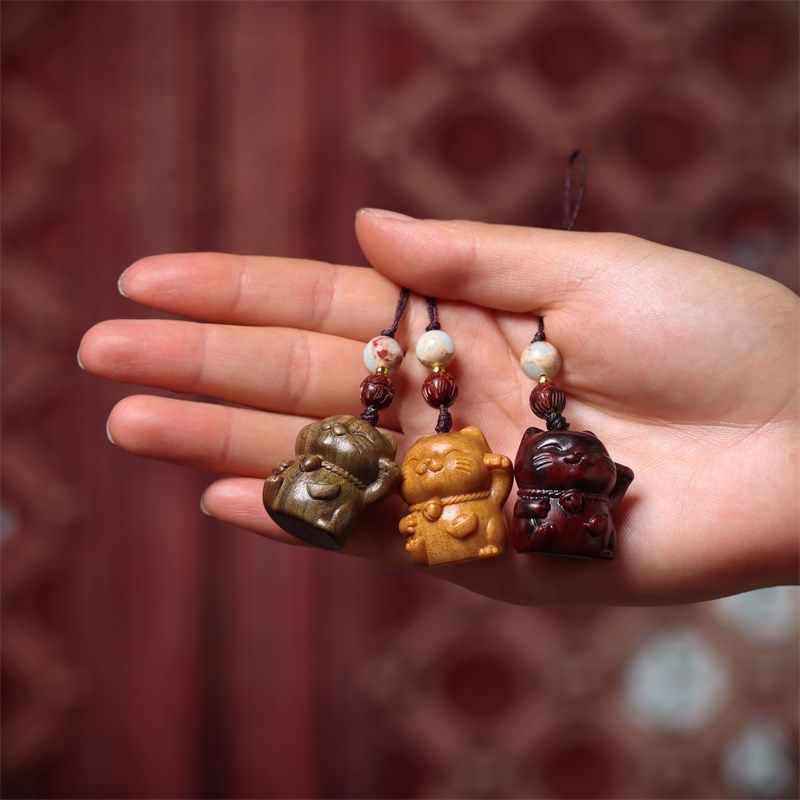 天然檀木手机挂件招财猫咪可爱转运珠钥匙挂饰链女情侣创意小礼品,淘宝优惠券,粉丝福利购,淘宝优惠卷