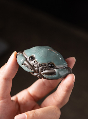 哥窑螃蟹茶宠陶瓷小摆件可把玩办公室客厅桌面装饰品高档创意礼物