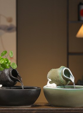 招财流水摆件循环水雾化陶瓷陶罐古法山水造景桌面客厅玄关装饰品