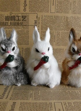 仿真小蹲兔玉兔 白兔家居创意兔皮毛工艺品森林系萝卜兔