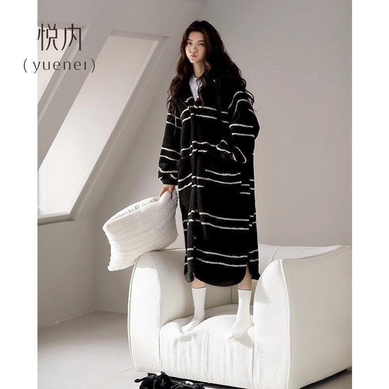 悦内睡袍女睡衣睡裙秋冬季冬款法兰绒加绒加厚珊瑚绒长款条纹大码,淘宝优惠券,粉丝福利购,淘宝优惠卷