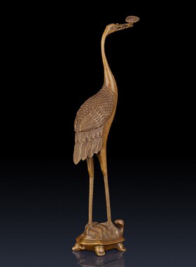 纯黄铜灵芝鹤工艺品摆件笔挂龟鹤摆件办公室家居龟鹤装饰品铜仙鹤