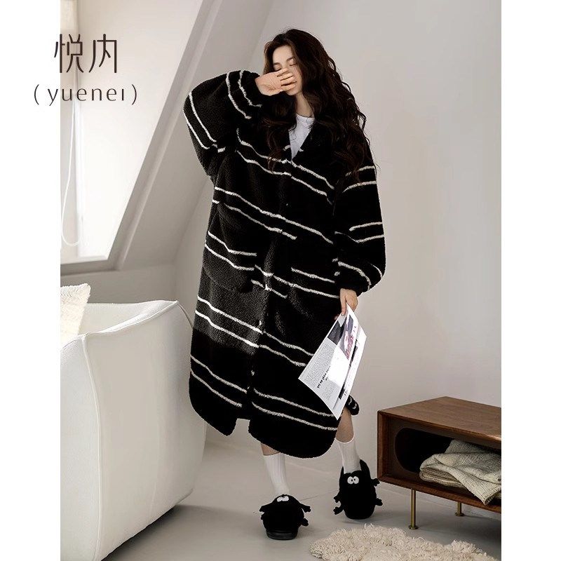 悦内睡袍女睡衣睡裙秋冬季冬款法兰绒加绒加厚珊瑚绒长款条纹大码,淘宝优惠券,粉丝福利购,淘宝优惠卷