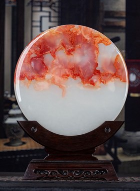 石诚记高档玉石平安扣礼品摆件天然红花冰客厅办公室摆设黑枝木座