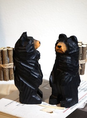 《背柴黑熊》手工木雕小摆件可爱动物办公室电脑桌面工位创意礼物