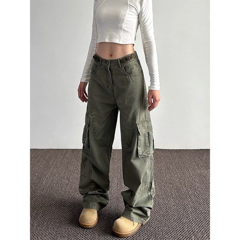 美式宽松多口袋阔腿工装牛仔裤女2024春秋新款高腰显瘦直筒长裤子,淘宝优惠券,粉丝福利购,淘宝优惠卷