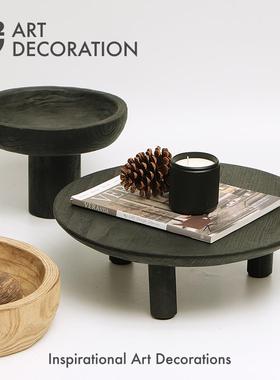 中古侘寂黑色碳化原木托盘果盘样板间别墅厨房玄关软装饰品摆件