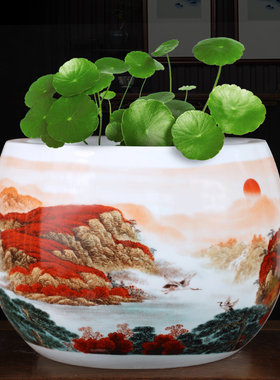 鸿运当头聚宝盆收纳盒景德镇陶瓷手绘花瓶中式客厅玄关摆件招财罐