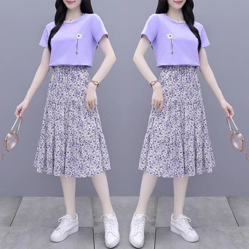 紫色小雏菊短袖t恤连衣裙子两件套装休闲碎花雪纺半身裙夏季女装,淘宝优惠券,粉丝福利购,淘宝优惠卷