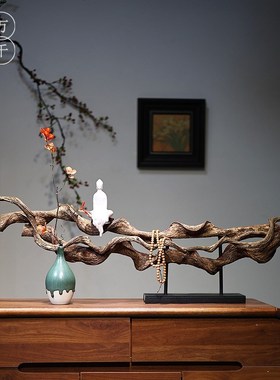 新中式禅意摆件实木枯藤根雕茶室客厅玄关民宿电视柜侘寂风装饰品