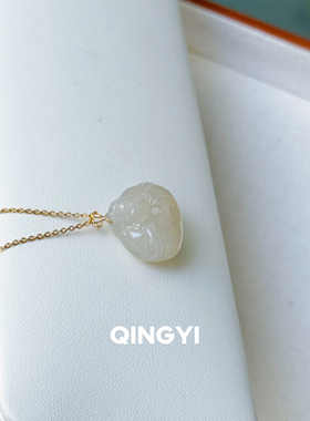 天然青料和田玉藕粉佛公吊坠18K金女款弥勒佛玉石挂件玉坠送女友